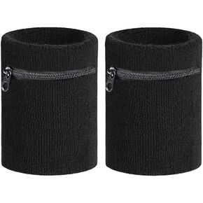 2pcs Sports Thick Solid Color Wristband with Zipper/Wrist Wallet Multi Color Sweatband Wrist Support for Men Women Running, Walking, Basketball, Tennis, Hiking, Travel 3.1x 3.1 (Black)