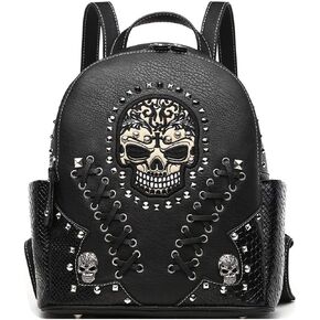 Sugar Skull Punk Art Rivet Studded Biker Purse Women Fashion Backpack Bookbag Python Daypack Shoulder Bag (Black)