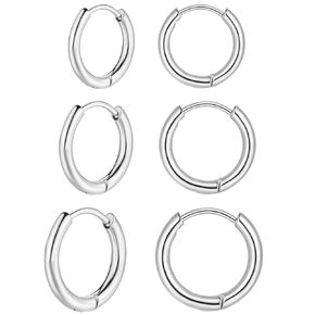 3 Pairs Small Gold Hoop Earrings Set for Women, Hypoallergenic 14k Gold Plated Surgical Steel Huggie Hoop Earrings Cartilage Earring Sets for Multiple Piercing 8mm 10mm 12mm (Silver)