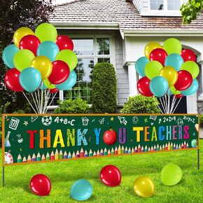 Oudain 36 Pcs Thank You Teachers Decoration Set Teacher Appreciation Banner with Balloons Large Teacher Appreciation Week Banner Thank You Teacher Fence Banner Classroom School Yard Wall Decor