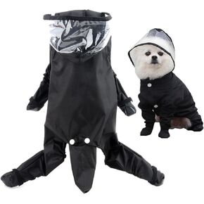 SMALLLEE_LUCKY_STORE Cute Raincoat for Small Dogs with Hood and Boots Detachable Tail Puppy Botton Down Rain Jacket Full Boby 4 Leg Jumpsuit Waterproof Lightweight Clothes,Black,M