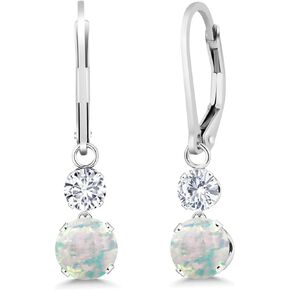 Gem Stone King 925 Sterling Silver White Opal and White Lab Grown Diamond Drop Dangle Earrings For Women (2.54 Cttw, Gemstone October Birthstone, Round Cabochon 6MM and 4MM)