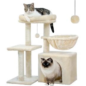 PEQULTI Cat Tree Modern Cat Tower for Indoor Cats,Multilevel Cat Play House with Large Condo, Spacious Hammock, Cozy Top Perch,Scratching Post and Dangling Balls
