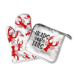 Crawfish Home Decor | Decorative Kitchen Hot Plate Pot Holder Oven Mitt Set | Funny Suck It | Red White Southern Crawdads Crayfish Bayou Spring Summer Fall | White Home Decor Decorations