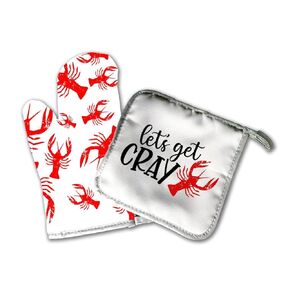 Crawfish Home Decor | Decorative Kitchen Hot Plate Pot Holder Oven Mitt Set | Funny Suck It | Red White Southern Crawdads Crayfish Bayou Spring Summer Fall | White Home Decor Decorations