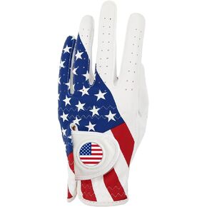 GOLTERS Golf Gloves Left Hand with Ball Marker Men Women Golf Gloves USA Flag Synthetic Leather Lycra Fiber Adjustable Strap Worn On Left Hand