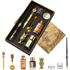 Gold Calligraphy Pen Set with Ink, Wooden Calligraphy Fountain Pen, 1 Bottle Sealing Wax Beads, Tea Candle, Glass Cup, Gold Letter Opener, Holder and Wax Seal Spoon, Teacher Gift Box for Women