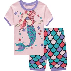 Akyzic Little Girls Summer Pajamas Kids 100% Cotton 2 Piece Pjs Toddler Girls Short Sleeve Sleepwear Clothes Sets 3-10T