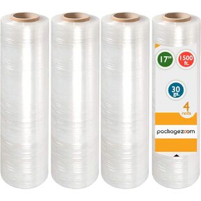 PackageZoom Pre Stretched 17" x 1500 ft 4 Rolls Stretch Wrap Film Clear Cling Plastic for Moving and Packaging Stretch Wrap