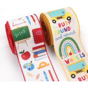 2 Rolls Back to School Fabric Ribbons School Theme Burlap Linen Ribbons School Bus Apple Books Ribbons for First Day of School Gift Wrapping Outdoor Hanging Decoration Supplies (2.5 Inch * 5 Yards) in Saudi Arabia