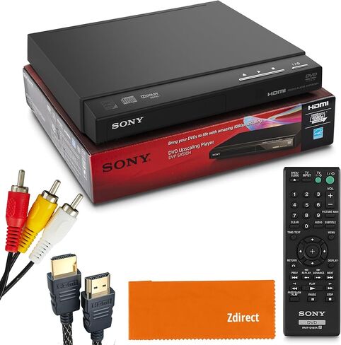 مشغل DVD من سوني للتلفزيون مع جهاز تحكم عن بعد، يقوم بتشغيل أقراص DVD والأقراص المضغوطة. الترقية إلى جودة قريبة من HD. حزمة Zdirect مع قطعة قماش من الألياف الدقيقة وكابل HDMI in Kuwait