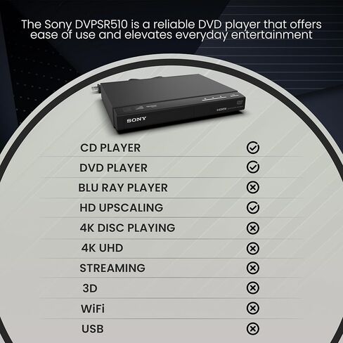 مشغل DVD من سوني للتلفزيون مع جهاز تحكم عن بعد، يقوم بتشغيل أقراص DVD والأقراص المضغوطة. الترقية إلى جودة قريبة من HD. حزمة Zdirect مع قطعة قماش من الألياف الدقيقة وكابل HDMI in Kuwait