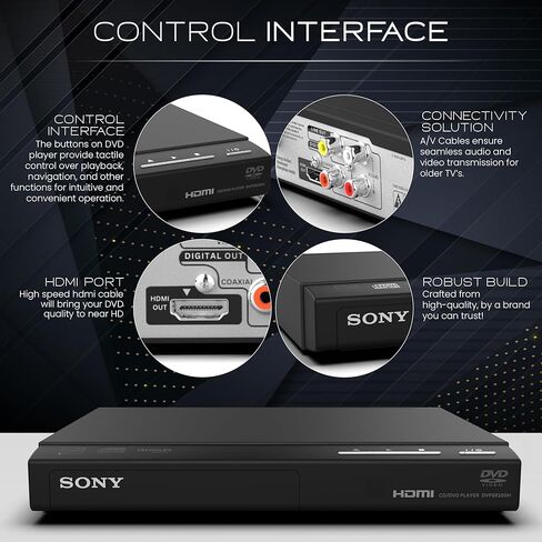مشغل DVD من سوني للتلفزيون مع جهاز تحكم عن بعد، يقوم بتشغيل أقراص DVD والأقراص المضغوطة. الترقية إلى جودة قريبة من HD. حزمة Zdirect مع قطعة قماش من الألياف الدقيقة وكابل HDMI in Kuwait