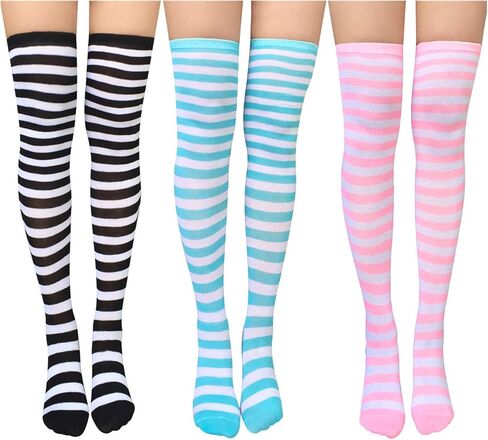 Chalier 3 Pairs Womens Long Striped Socks Over Knee Thigh High Socks Stocking 3 Pairs( Slim Stripes) One Size Fits Most in Saudi Arabia