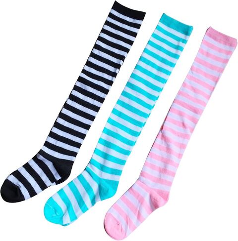 Chalier 3 Pairs Womens Long Striped Socks Over Knee Thigh High Socks Stocking 3 Pairs( Slim Stripes) One Size Fits Most in Saudi Arabia