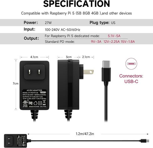 Smraza 27W USB-C مزود طاقة متوافق مع Raspberry Pi 5، محول PD 5.1V 5A محول طاقة من النوع C لـ Raspberry Pi 5 Model B 8GB/4GB (أسود) in Saudi Arabia
