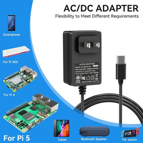 Smraza 27W USB-C مزود طاقة متوافق مع Raspberry Pi 5، محول PD 5.1V 5A محول طاقة من النوع C لـ Raspberry Pi 5 Model B 8GB/4GB (أسود) in Saudi Arabia