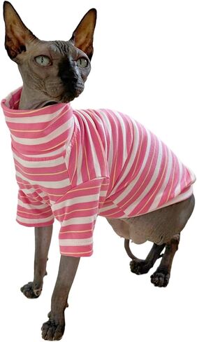 قميص قطط Sphynx بدون شعر مخطط عتيق من القطن بياقة مدورة ملابس حيوانات أليفة للقطط تي شيرت بأكمام للقطط Sphynx (باذنجان، متوسط) in Kuwait