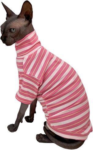 قميص قطط Sphynx بدون شعر مخطط عتيق من القطن بياقة مدورة ملابس حيوانات أليفة للقطط تي شيرت بأكمام للقطط Sphynx (باذنجان، متوسط) in Kuwait