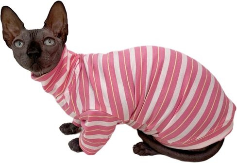 قميص قطط Sphynx بدون شعر مخطط عتيق من القطن بياقة مدورة ملابس حيوانات أليفة للقطط تي شيرت بأكمام للقطط Sphynx (باذنجان، متوسط) in Kuwait
