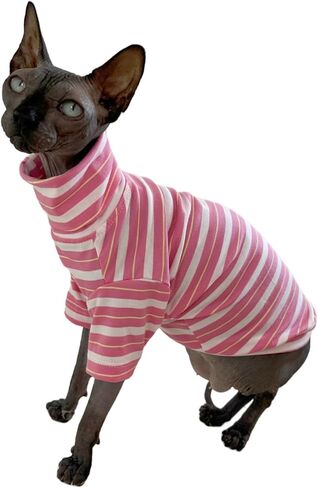قميص قطط Sphynx بدون شعر مخطط عتيق من القطن بياقة مدورة ملابس حيوانات أليفة للقطط تي شيرت بأكمام للقطط Sphynx (باذنجان، متوسط) in Kuwait