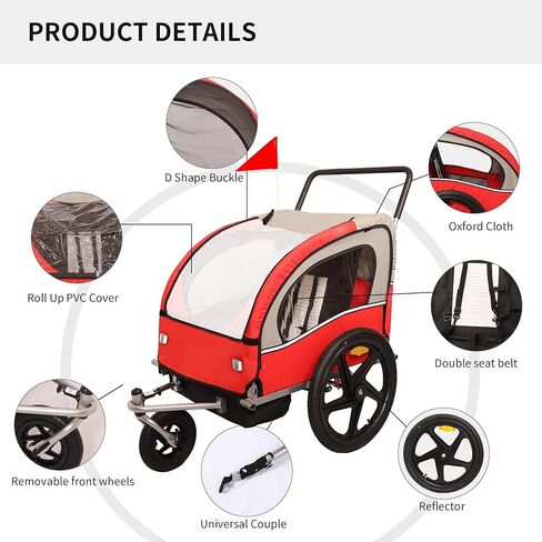 KOZYSFLER 2-in-1 Double 2 Seat Bicycle Bike Trailer Jogger Stroller for Kids Children Foldable Collapsible w/Pivot Front Wheel in Saudi Arabia