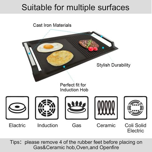 COVERCOOK Griddle Pan, Cast Iron Grill Hot Plate, Rectangular Grill, 2 handles with Flat and Ridged Surface for Induction Electric Cooktop，16.7 x 9.1inch in Saudi Arabia