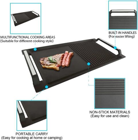 COVERCOOK Griddle Pan, Cast Iron Grill Hot Plate, Rectangular Grill, 2 handles with Flat and Ridged Surface for Induction Electric Cooktop，16.7 x 9.1inch in Saudi Arabia