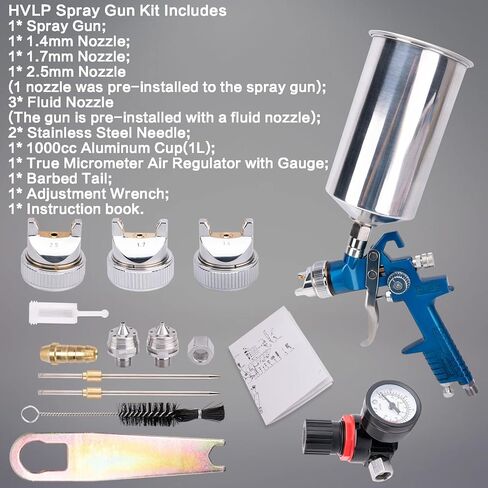 طقم مسدس رش HVLP 1.4 مم 1.7 مم 2.5 مم فوهات كوب ألومنيوم 1000 سي سي مع مقياس مسدس رش تغذية الجاذبية HVLP لطلاء السيارات التمهيدي للسيارة، طلاء الجدران، رش سطح الأثاث، طلاء القاعدة in Kuwait
