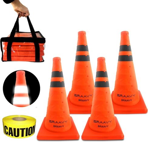 BRAAVY 18 Inch [4 Pack] Collapsible Orange Cones + Bright Yellow Caution Tape 3 Inch x 1000 feet, Safety Traffic Cones, for Parking, Safety Road, Construction Cones, Driving Training in Saudi Arabia