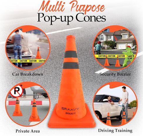 BRAAVY 18 Inch [4 Pack] Collapsible Orange Cones + Bright Yellow Caution Tape 3 Inch x 1000 feet, Safety Traffic Cones, for Parking, Safety Road, Construction Cones, Driving Training in Saudi Arabia
