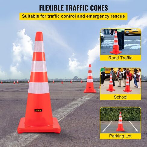 VEVOR Safety Cones, 28 in/73 cm Height, 12 PCS PVC Orange Traffic Cone with 2 Reflective Collars and Weighted Base, Used for Traffic Control, Driveway Road Parking and School Improvement in Saudi Arabia