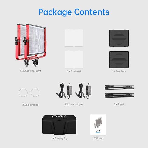 مجموعات إضاءة الفيديو GVM LED مع التحكم في التطبيق، عبوتان من إضاءة الفيديو ثنائية اللون 3200K~5600K، السطوع 10~100% لتصوير الفيديو، CRI97+ لوحة إضاءة فيديو LED مع Barndoor، حامل ثلاثي القوائم in Kuwait