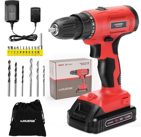 مجموعة مثقاب لاسلكي 20 فولت مع شاحن، أداة مثقاب كهربائي لاسلكية مع ظرف بدون مفتاح 3/8 بوصة، مصباح عمل LED، سرعتان متغيرتان، مجموعة أدوات حفر كهربائية للاستخدام المنزلي والمنزل in Kuwait