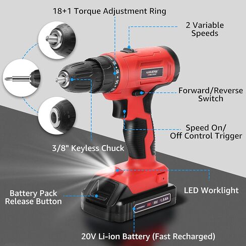 مجموعة مثقاب لاسلكي 20 فولت مع شاحن، أداة مثقاب كهربائي لاسلكية مع ظرف بدون مفتاح 3/8 بوصة، مصباح عمل LED، سرعتان متغيرتان، مجموعة أدوات حفر كهربائية للاستخدام المنزلي والمنزل in Kuwait