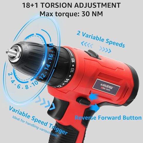 مجموعة مثقاب لاسلكي 20 فولت مع شاحن، أداة مثقاب كهربائي لاسلكية مع ظرف بدون مفتاح 3/8 بوصة، مصباح عمل LED، سرعتان متغيرتان، مجموعة أدوات حفر كهربائية للاستخدام المنزلي والمنزل in Kuwait