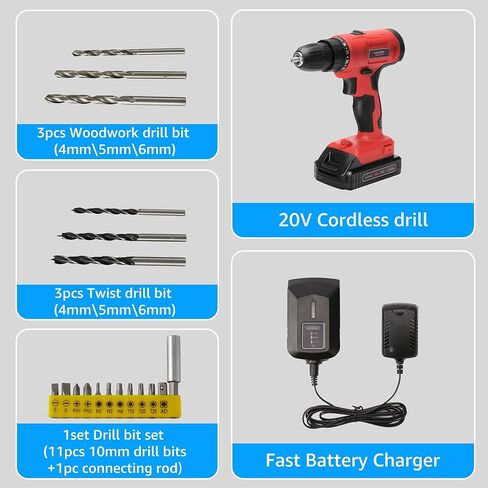 مجموعة مثقاب لاسلكي 20 فولت مع شاحن، أداة مثقاب كهربائي لاسلكية مع ظرف بدون مفتاح 3/8 بوصة، مصباح عمل LED، سرعتان متغيرتان، مجموعة أدوات حفر كهربائية للاستخدام المنزلي والمنزل in Kuwait