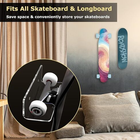UCINNOVATE Transparent Acrylic Longboard Skateboard Rack Wall Mount, 1/4 inch Thick Clear Skateboard Hanger for Deck Display & Storage Floats Vertically, Fits Surfskate, Cruiser Board, Penny Board in Kuwait