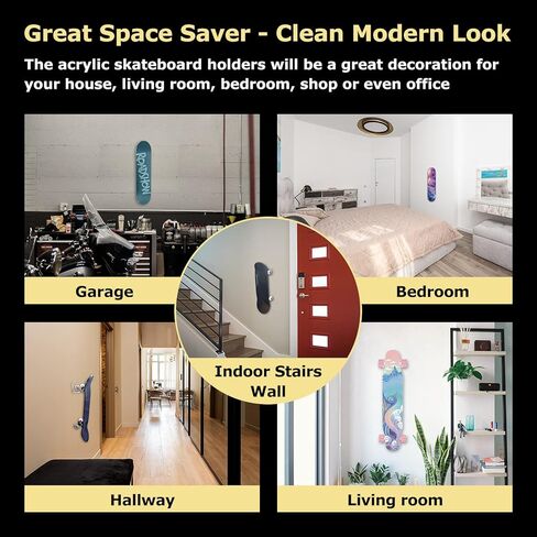 UCINNOVATE Transparent Acrylic Longboard Skateboard Rack Wall Mount, 1/4 inch Thick Clear Skateboard Hanger for Deck Display & Storage Floats Vertically, Fits Surfskate, Cruiser Board, Penny Board in Kuwait