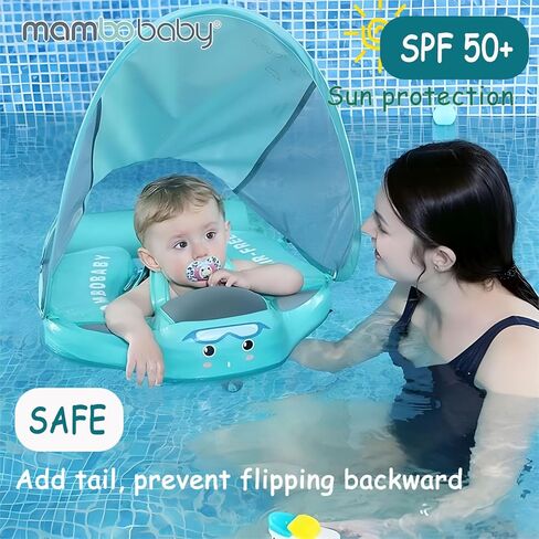 Baby Swim Float - Mambobaby Float with Canopy Add Tail, Avoid Flip Over, Non-Inflatable Solid Baby Float, Upgrade Soft Skin-Friendly, Adjustable Safety Strap, UPF 50+ Infant Pool Swimming Ring in Kuwait