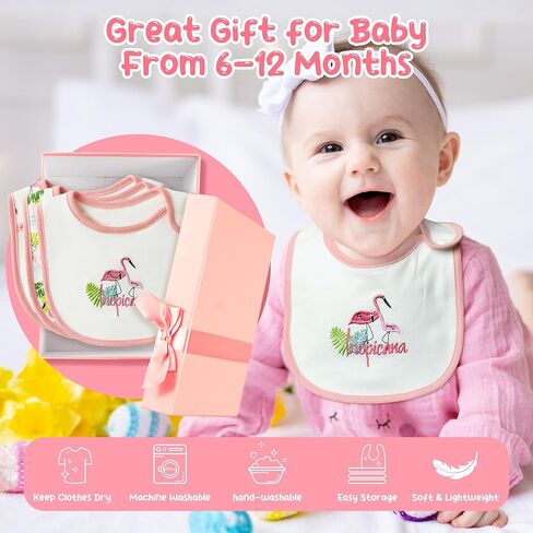 مرايل أطفال قطنية قابلة للامتصاص من 2ooya - مرايل طعام لحديثي الولادة بنمط الفلامنغو الوردي، مرايل تغذية للرضع مع أزرار من الراتنج، مجموعة مريلة للأطفال الصغار، دعائم صور لطفلة صغيرة (6-12 شهرًا) in Kuwait