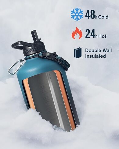 Coolplus Half Gallon Water Bottle Insulated with Paracord Handle & 3 Lid, 64 oz Water Bottle Food-grade Vacuum Large Water Jug Flask, Keep 24H Hot 48H Cold, Leak Proof & BPA-Free in Saudi Arabia