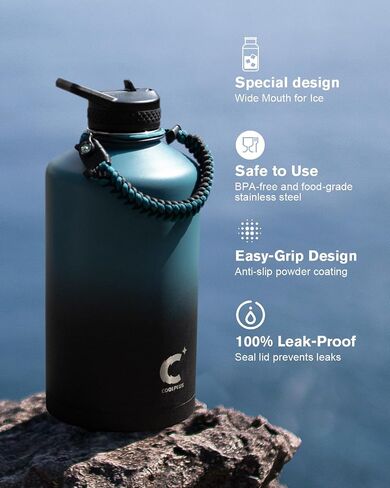 Coolplus Half Gallon Water Bottle Insulated with Paracord Handle & 3 Lid, 64 oz Water Bottle Food-grade Vacuum Large Water Jug Flask, Keep 24H Hot 48H Cold, Leak Proof & BPA-Free in Saudi Arabia