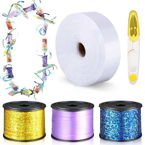 Candy Lei Making Kit for Graduation Party Favor Include 2 Inch x 1000 ft Poly Tubing 3 Rolls Curling Gift Ribbon Total 300 Yd/ 900 ft and Scissor for Hawaii Tropical Wedding DIY (Purple, Blue, Yellow) in Kuwait