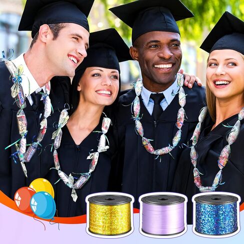 Candy Lei Making Kit for Graduation Party Favor Include 2 Inch x 1000 ft Poly Tubing 3 Rolls Curling Gift Ribbon Total 300 Yd/ 900 ft and Scissor for Hawaii Tropical Wedding DIY (Purple, Blue, Yellow) in Kuwait