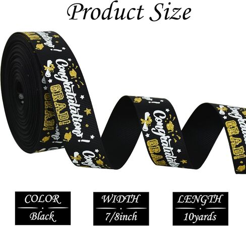 TONIFUL Graduation Ribbon, 7/8 Inch 10 Yards Black Grosgrain Ribbon Congrats Grad Ribbon Class of 2024 Ribbons for Graduation Lie Congrats Grad Gift Wrapping Flowers Bouqutes Wrapping in Kuwait
