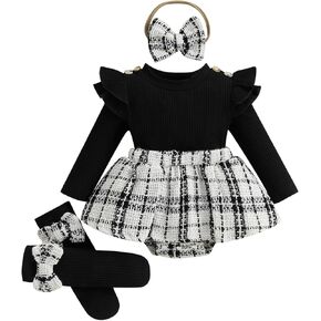 Newborn Baby Girl Holiday Outfit Long Sleeve Plaid Skirt Romper Dress Headband Socks Set Fashion Fall Winter Clothes in Kuwait