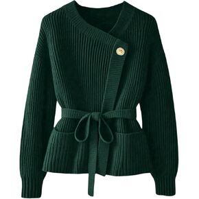 Verdusa Women's Old Money Ribbed Knit Cardigan Long Sleeve Asymmetrical Belted Sweaters in Saudi Arabia