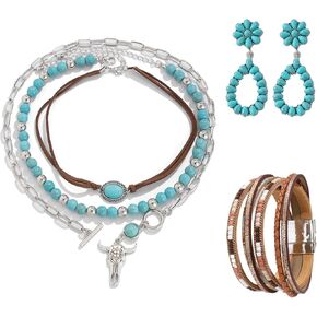 QCWN Women's Western Cowgirl Necklace Set - Layered Boho Necklaces with Vintage Turquoise, Moon, Cowboy Boot | Western Accessories for Country Outfits in Kuwait