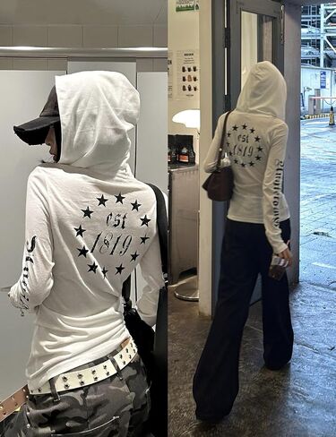 Women's Y2K Vintage Gothic Letter Graphic Slim Fit Long Sleeve Lightweight Sheer Mesh Hoodie T Shirt in Saudi Arabia